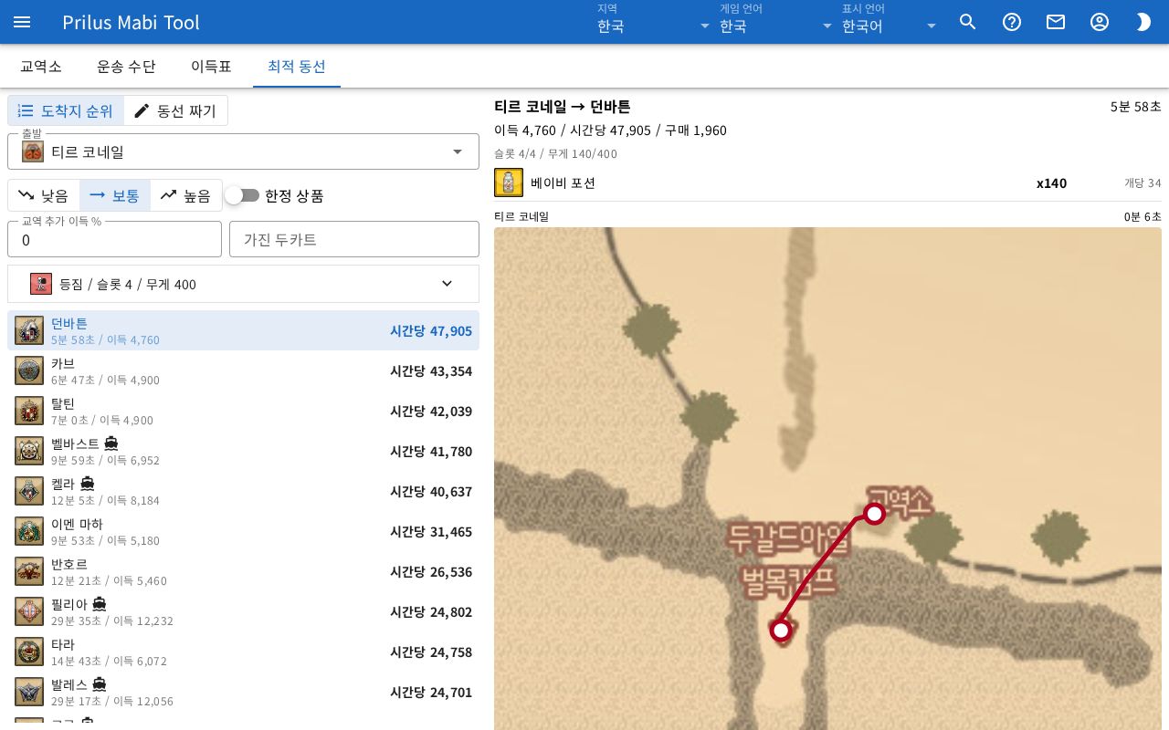 최적 동선 화면